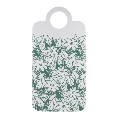 Back side of Muurla Moomin Seasonal Deliacies Chop & Serve with flowers