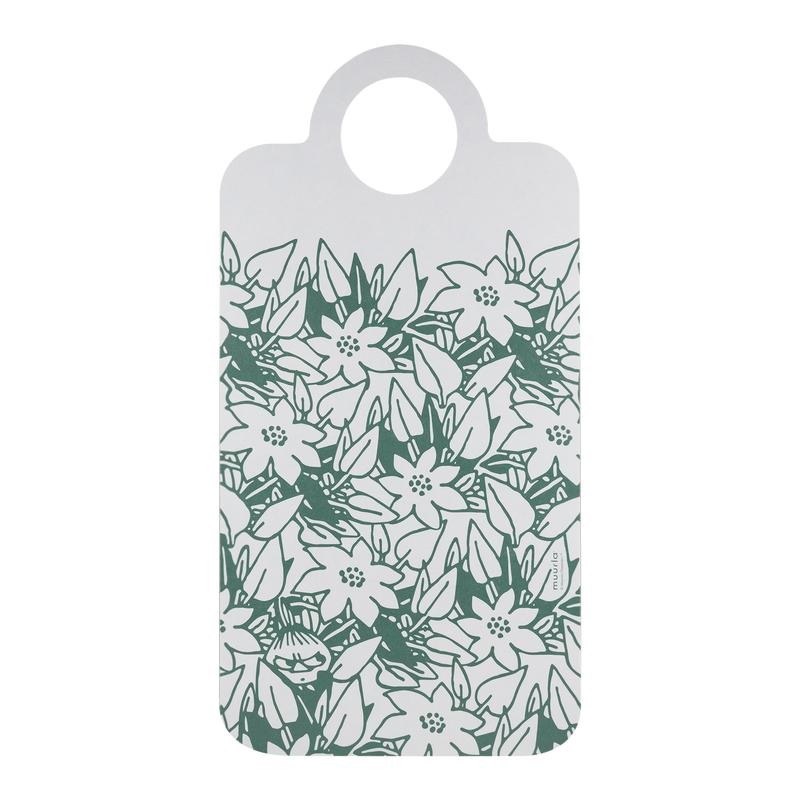 Back side of Muurla Moomin Seasonal Deliacies Chop & Serve with flowers