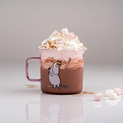 Hot cocoa with whipped cream in Muurla Moomin Snorkmaiden Glass Mug