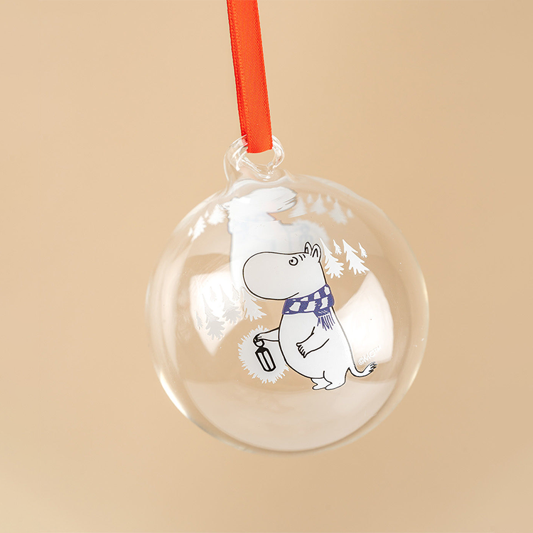 Muurla Moomintroll Glass Ball Ornament with red satin ribbon