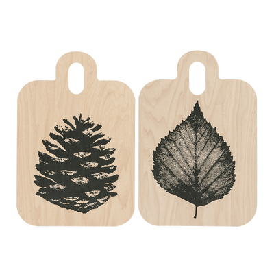 Front and back of Muurla Pine Cone/Birch Leaf Chop & Serve Board