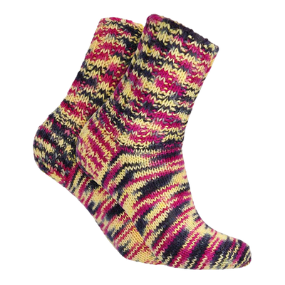 Pair of knitted socks made from Novita 7 Brothers Korpi Wool Yarn, adventure