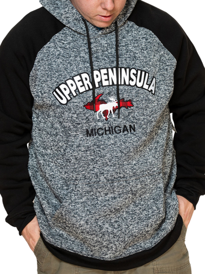 Man wearing UP Plaid Moose Hooded Sweatshirt