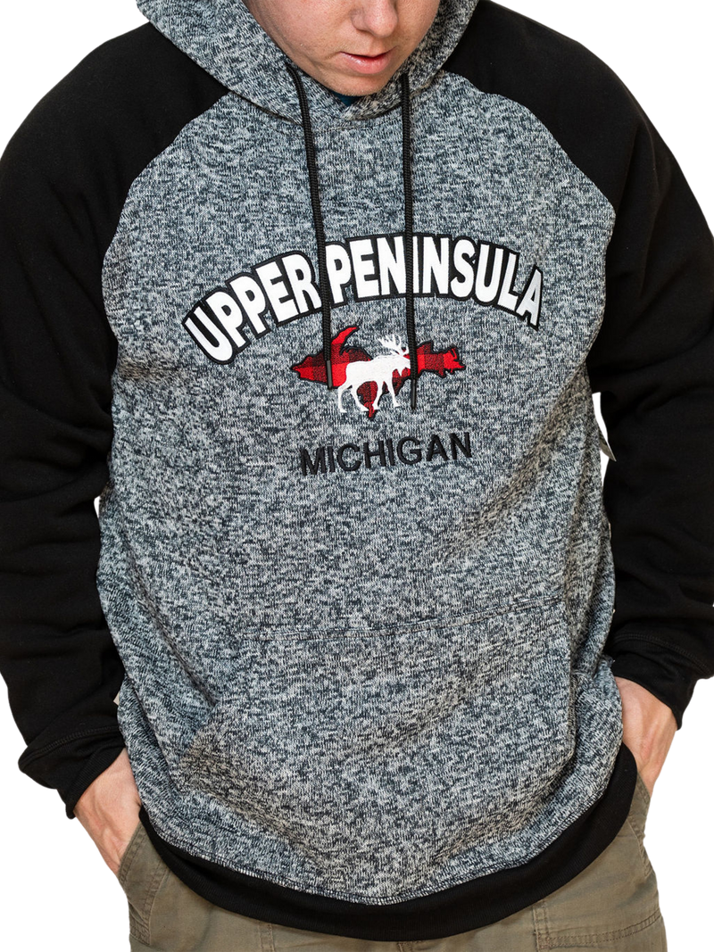 Man wearing UP Plaid Moose Hooded Sweatshirt