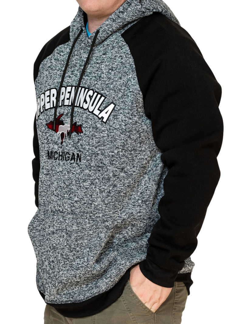 Side of man wearing UP Plaid Moose Hooded Sweatshirt