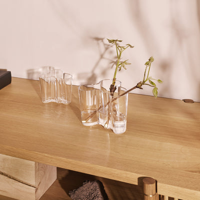 iittala Alvar Aalto Clear Vase 6.25 with 3.25" on tabletop