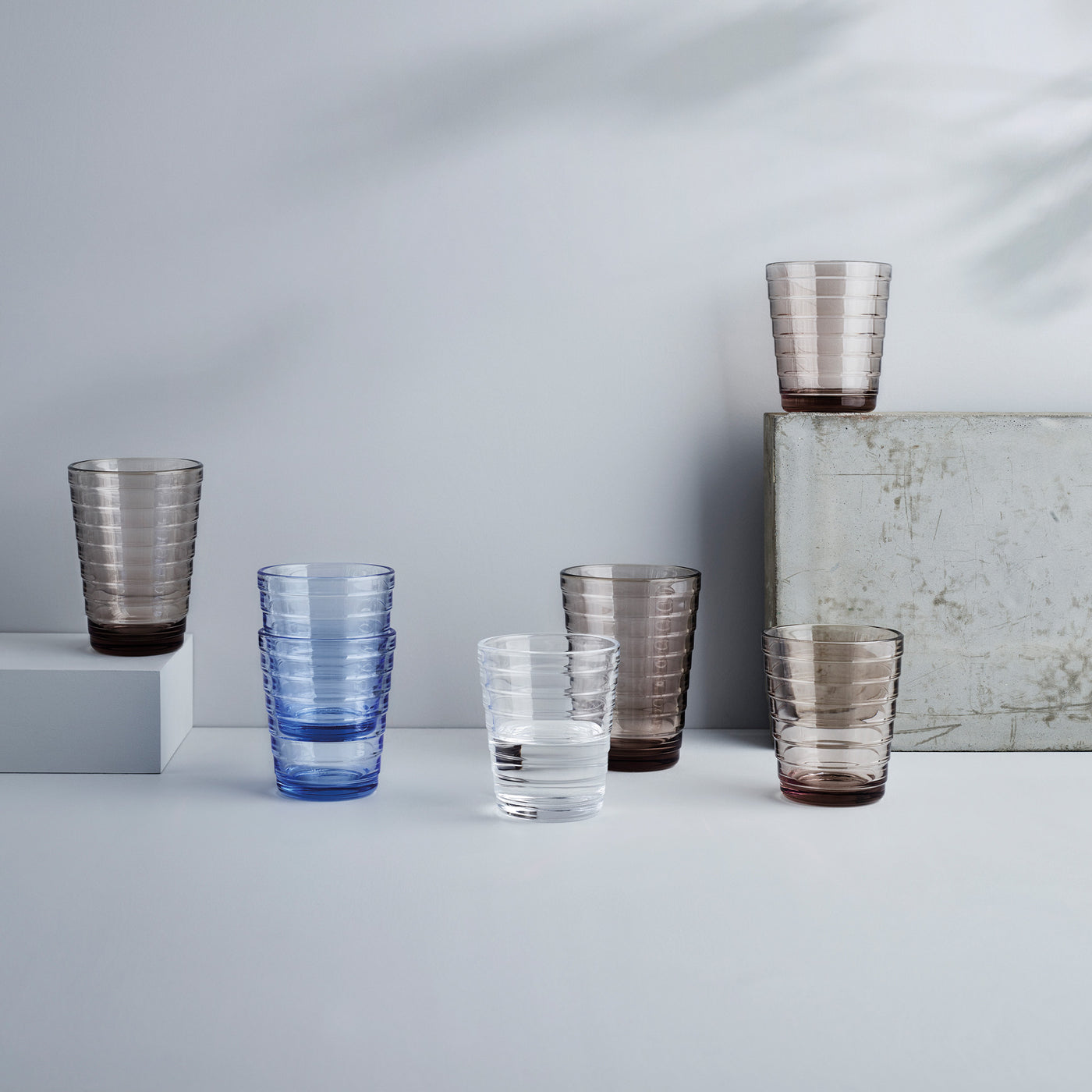 iittala Aino Aalto Tumblers in linen, light blue and clear colors