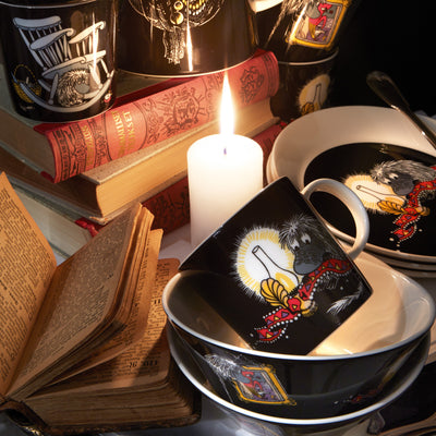 Arabia Moomin Ancestor dinnerware on table with books