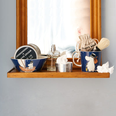Arabia Moomin Moominpappa Bowl and Mug displayed on floating mirror shelf