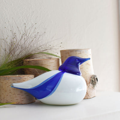 Bianco Blu Finnish Glass Bird with birch logs