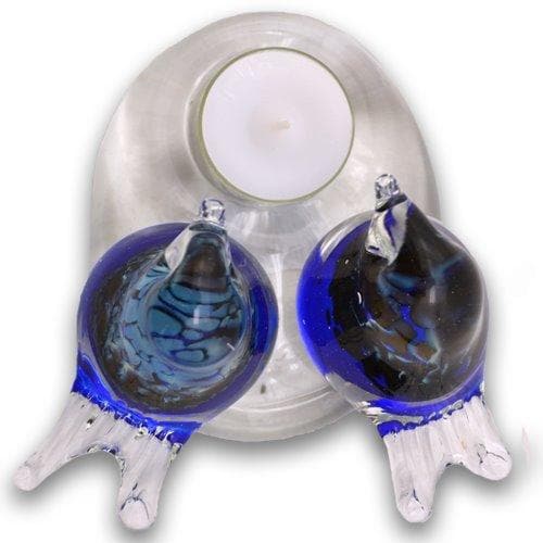 top view Bianco Blu Finnish Glass Bird, Love Birds Candle Holder