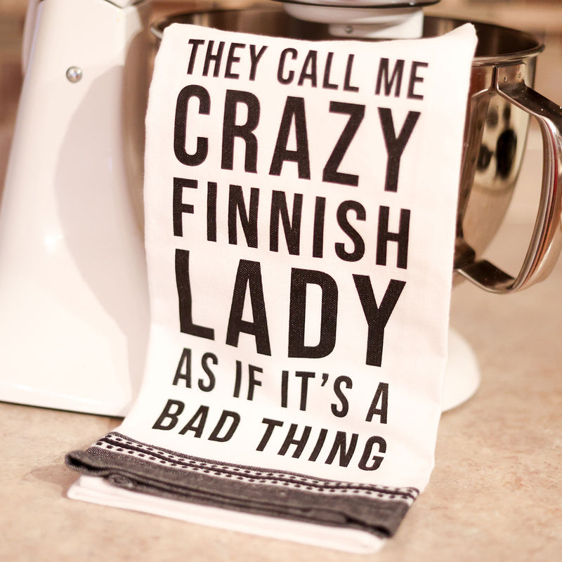 Crazy Finnish Lady Kitchen Towel hanging off stand mixer