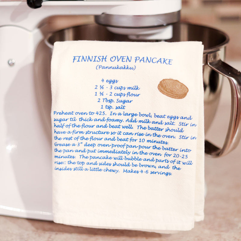 Finnish Oven Pancake Flour Sack Dishtowel hanging off stand mixer
