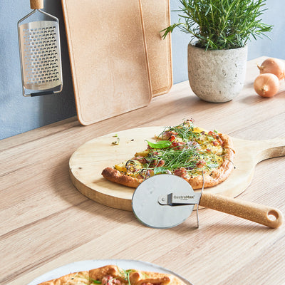 Bio-Based Pizza Cutter with half of a pizza