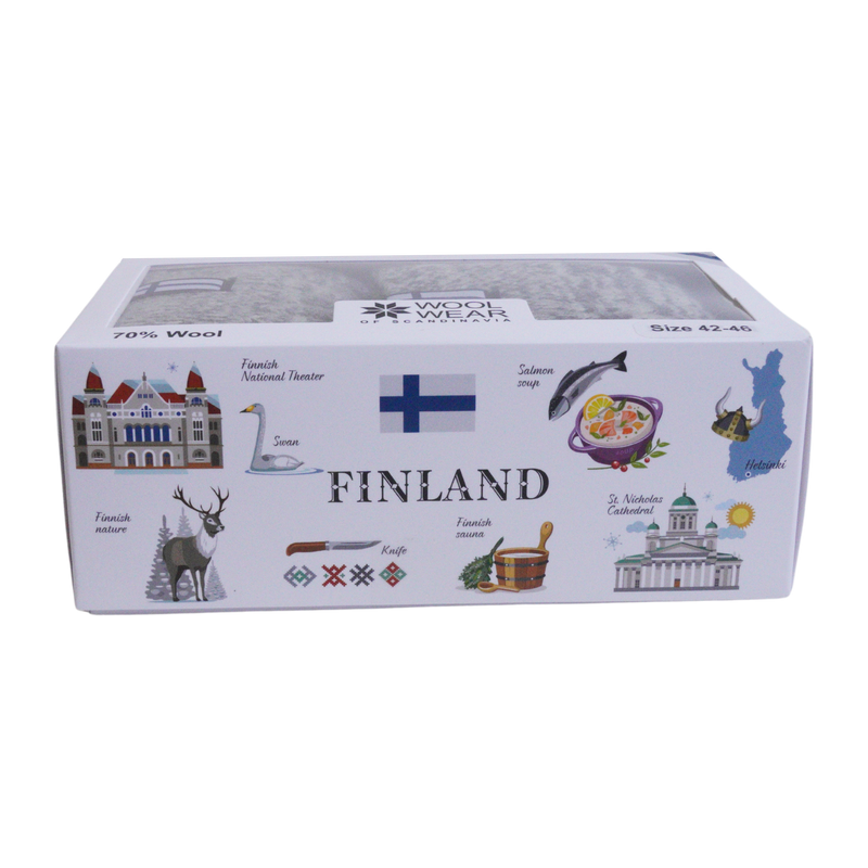 front view of gift box decorated with icons of Finland