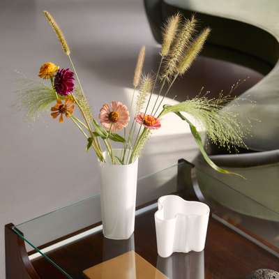 iittala Alvar Aalto White Vases on glasstop table