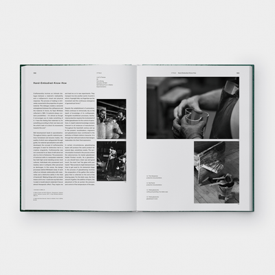 open page of iittala book with pictures of glassblowing operations