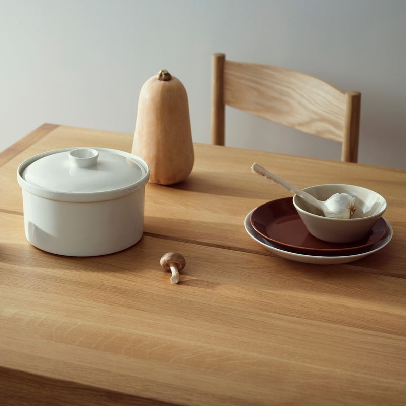 iittala Teema White Pot w/ Lid on table with Teema plates and bowl