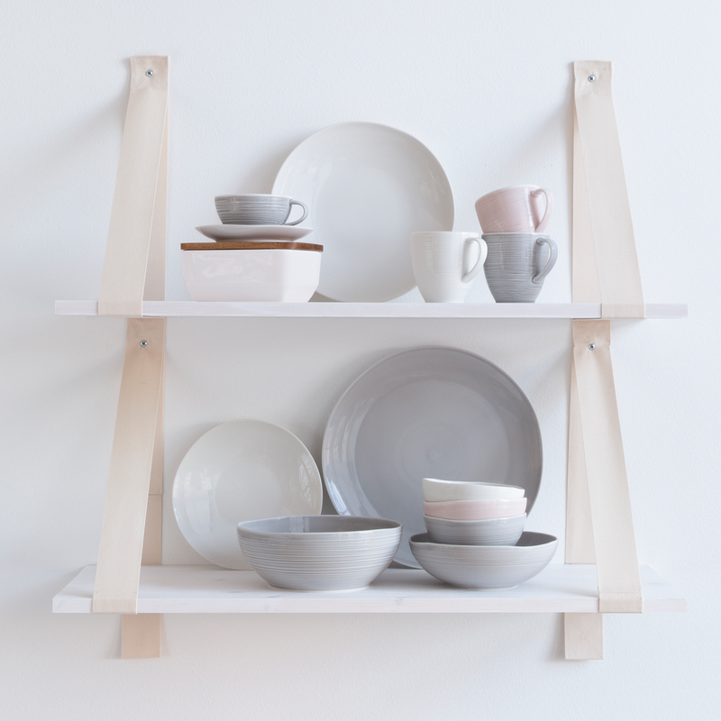 Pentik Kallio Grey and White grouping on white shelves