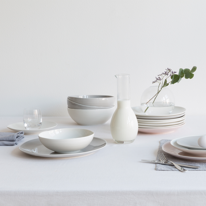 Pentik Kallio White Pasta Bowl with grouping of other Kallio dinnerware