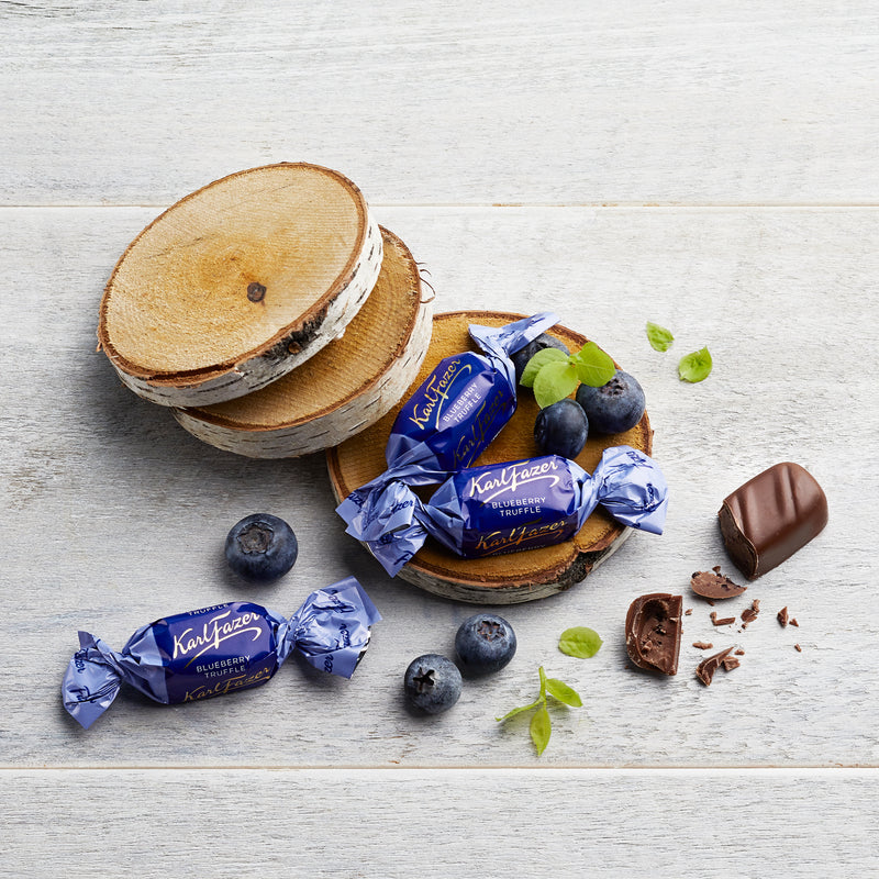 Individual pieces of Fazer Blueberry Truffle Milk Chocolate