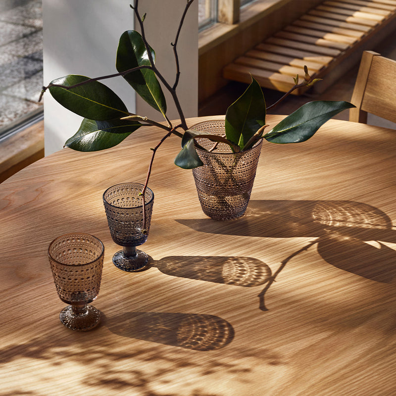 iittala Kastehelmi Dewdrop Linen Universal Glasses and vase on wood table