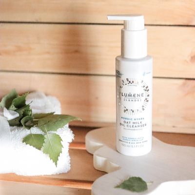 Lumene Nordic Hydra Oat Milk Oil Cleanser on sauna bench