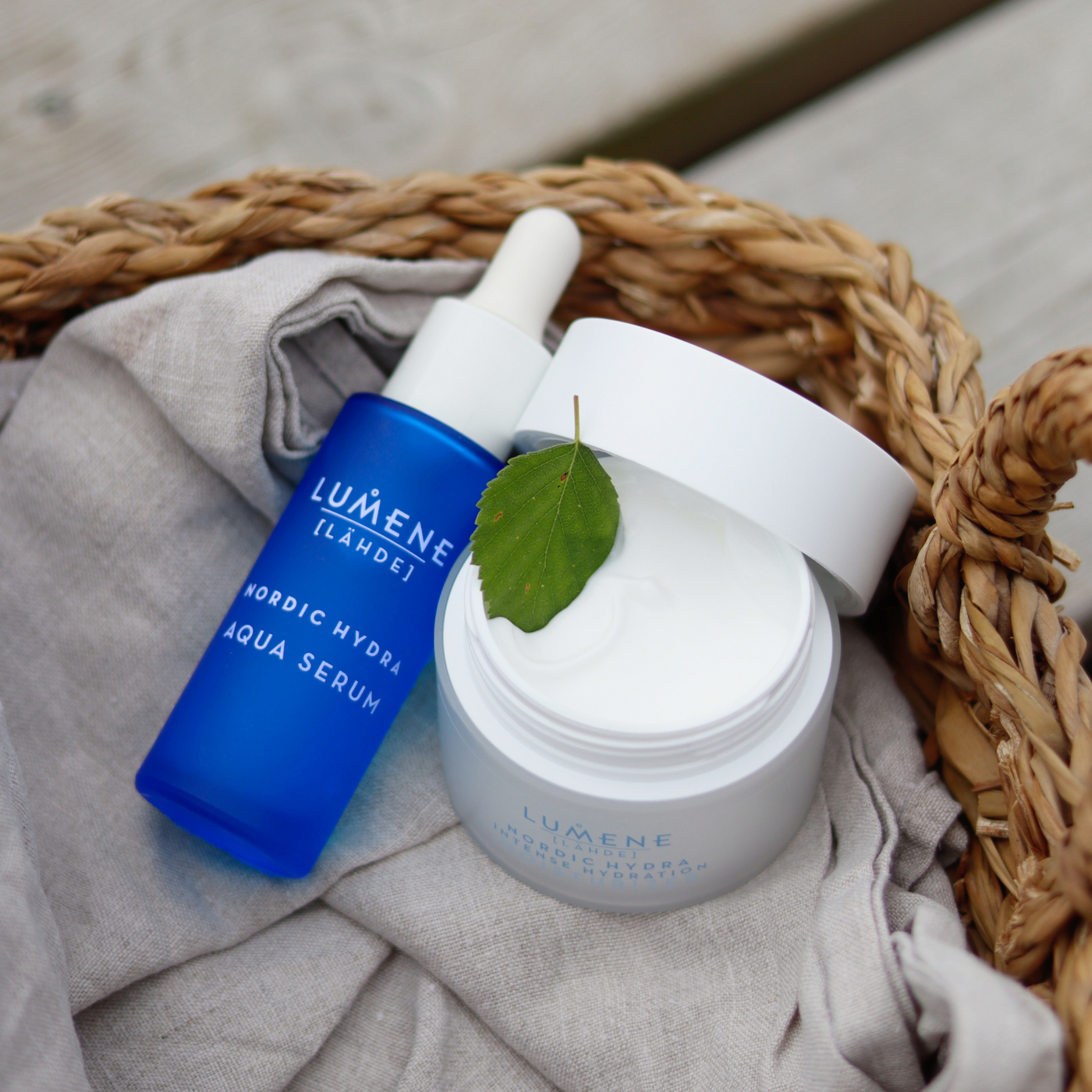 Lumene skincare nestled in wicker basket