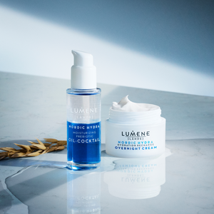 Lumene Nordic Hydra skincare products on table waiting to be used