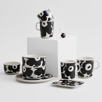 Display grouping of Marimekko Unikko Dinnerware collection in black/white