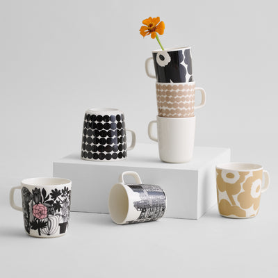 Display group of Marimekko mugs from assorted patterns