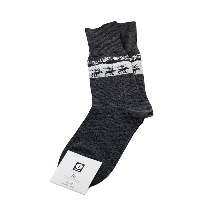 Merino Wool Socks - Reindeer, Grey with packaging label