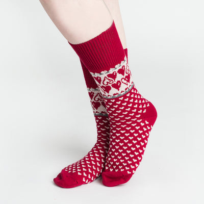 Merino Wool Socks - Hearts, Red