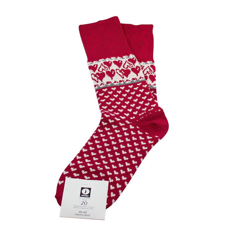Merino Wool Socks - Hearts, Red with packaging label