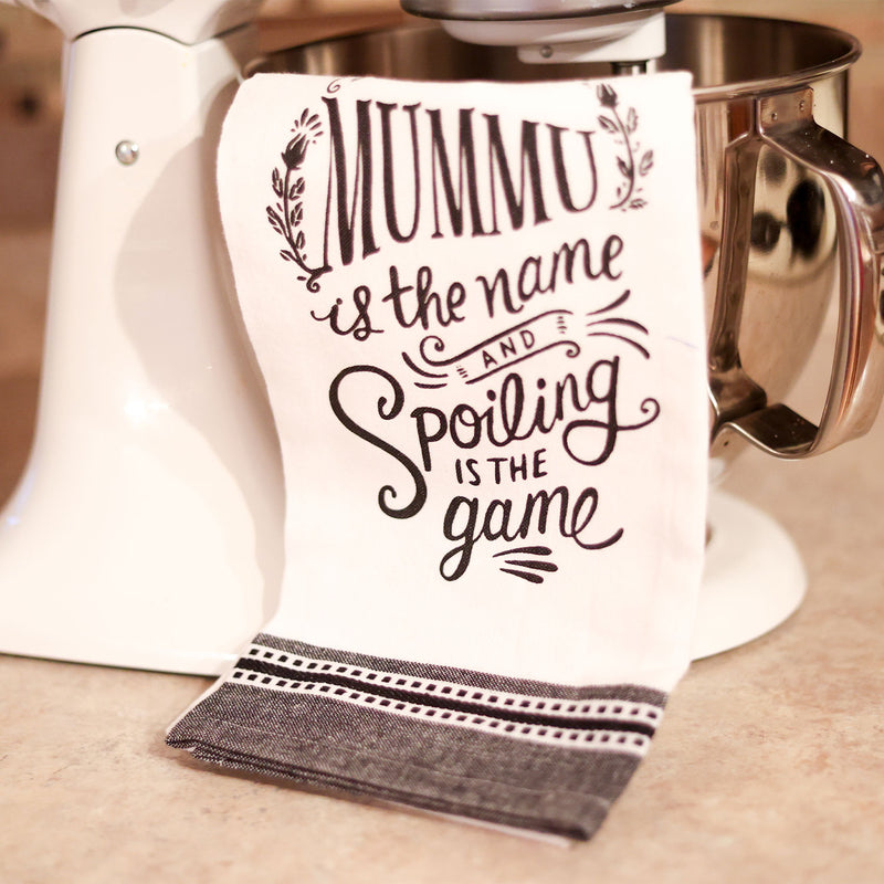 Mummu Is The Name Kitchen Towel hanging from stand mixer