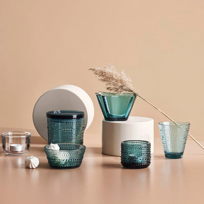 Kastehelmi Sea Blue Glassware displayed on beige backdrop