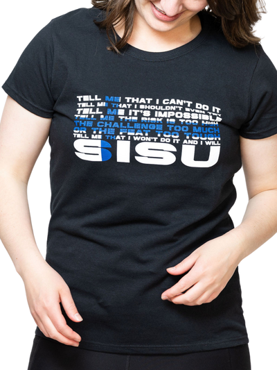 Smiling woman wearing SISU Strong Ladies T-Shirt