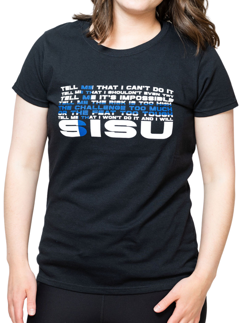 Person in black pants wearing SISU Strong Ladies T-Shirt