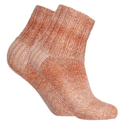 Pair of knitted socks made from Novita 7 Brothers Lapintaika Wool Yarn, carnelian