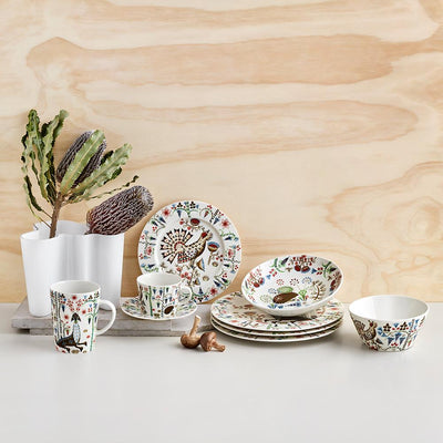 grouping of colorful Taika Siimes white dinnerware