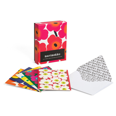5 Unikko folded notecards displayed with envelope and box