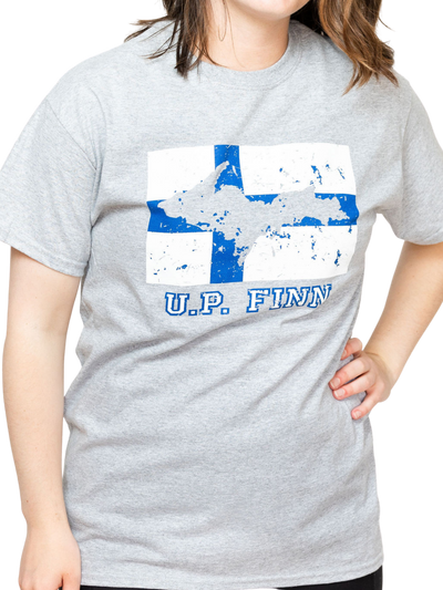 Woman wearing grey U.P. Finn T-Shirt