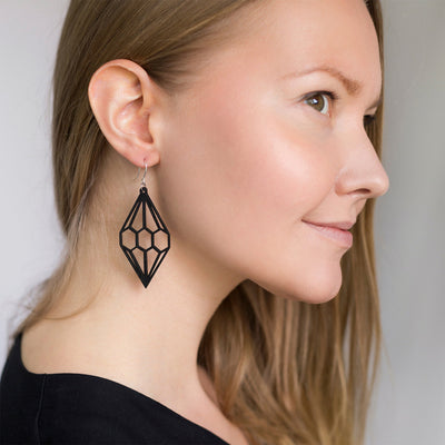 Woman modeling Valona Diamond Birch Earrings, Black